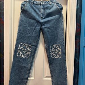 Loewe Blue Straight Leg Jeans with White Embroidery